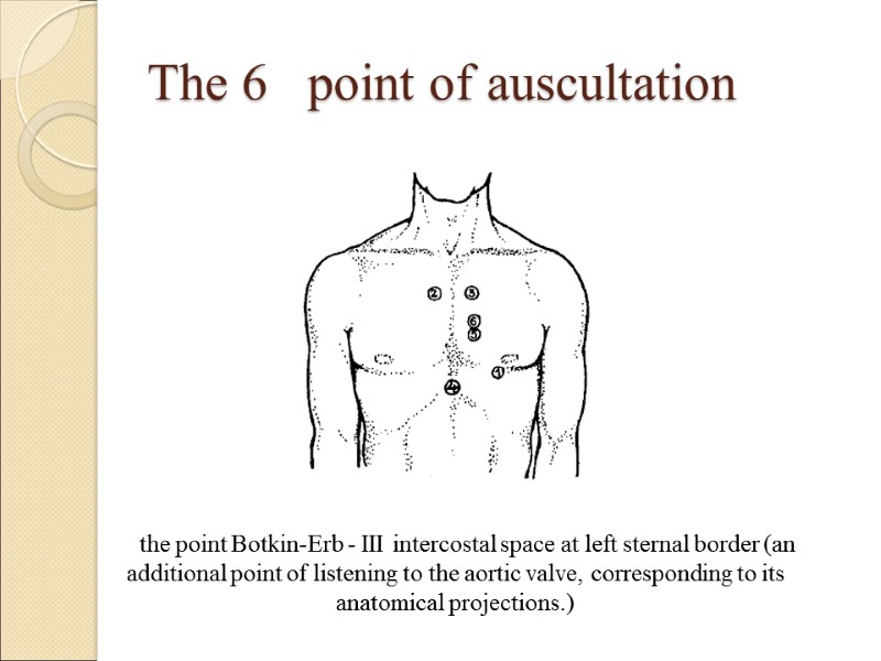 The 6   point of auscultation the point Botkin-Erb - III intercostal space